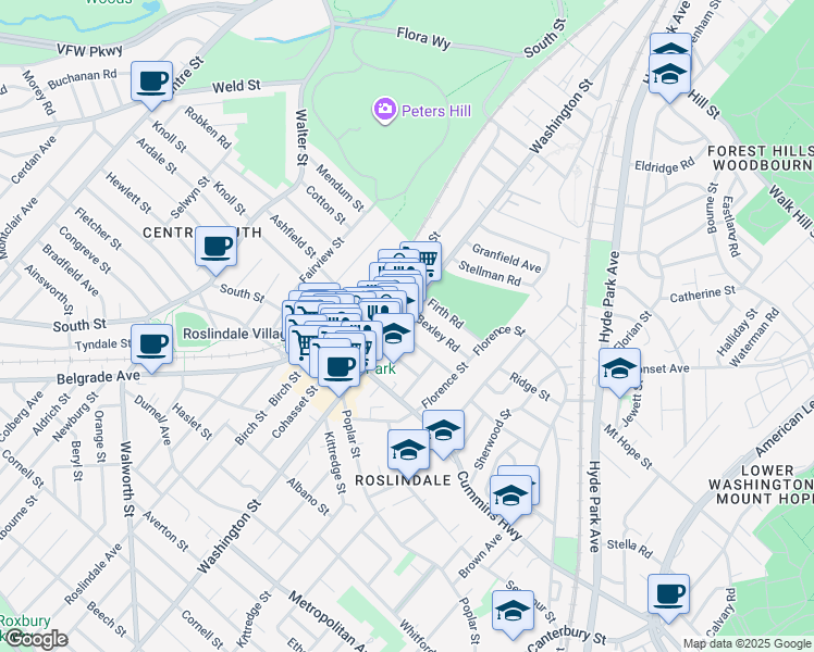 map of restaurants, bars, coffee shops, grocery stores, and more near 4175 Washington Street in Boston