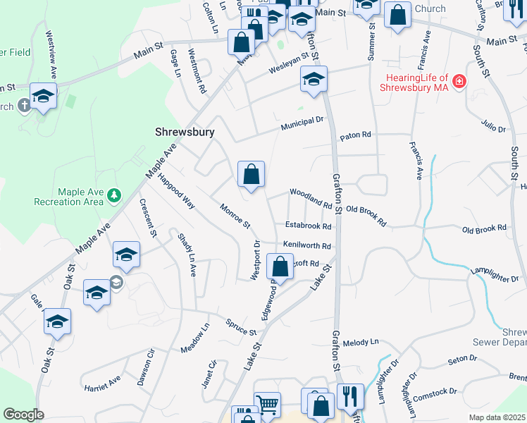map of restaurants, bars, coffee shops, grocery stores, and more near 10 Edgewood Road in Shrewsbury