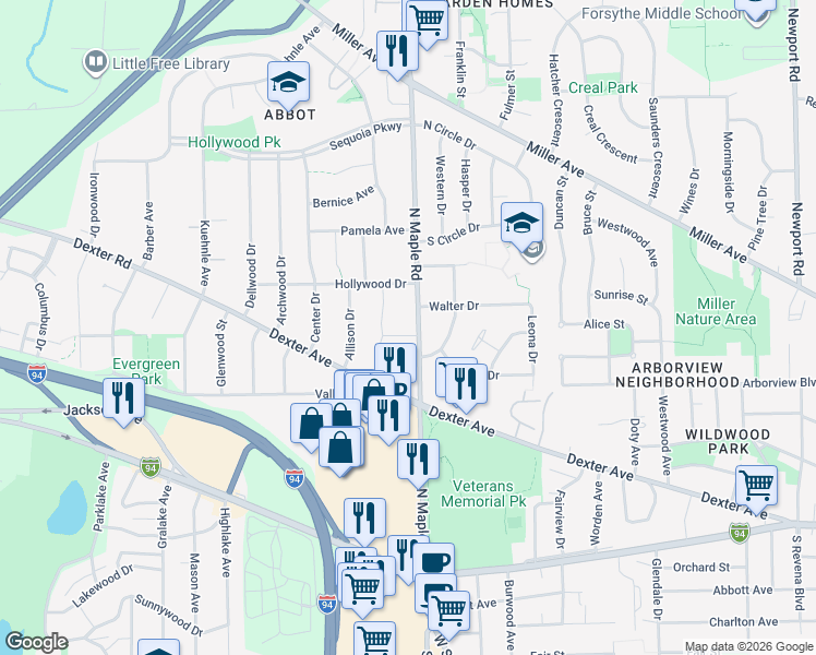 map of restaurants, bars, coffee shops, grocery stores, and more near 795 North Maple Road in Ann Arbor