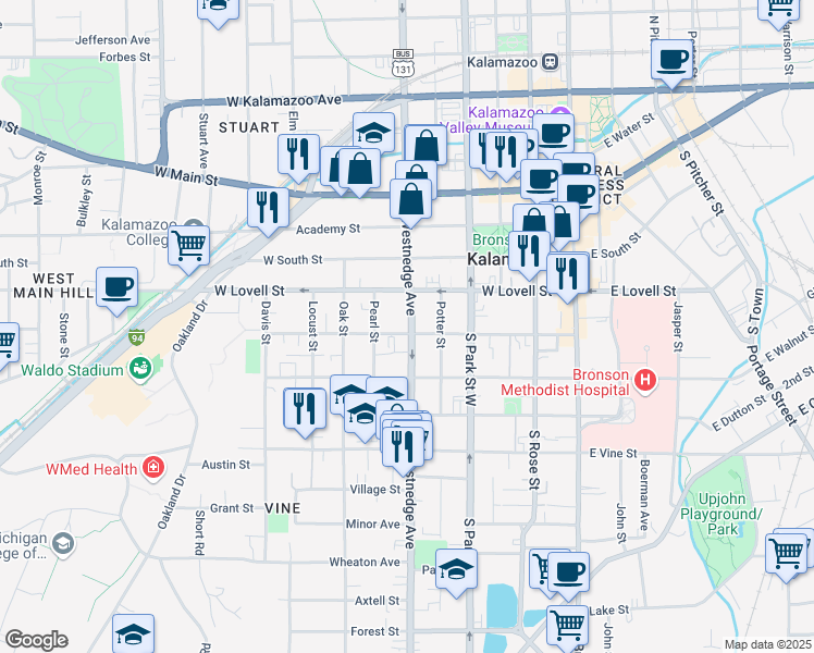 map of restaurants, bars, coffee shops, grocery stores, and more near 432 South Westnedge Avenue in Kalamazoo