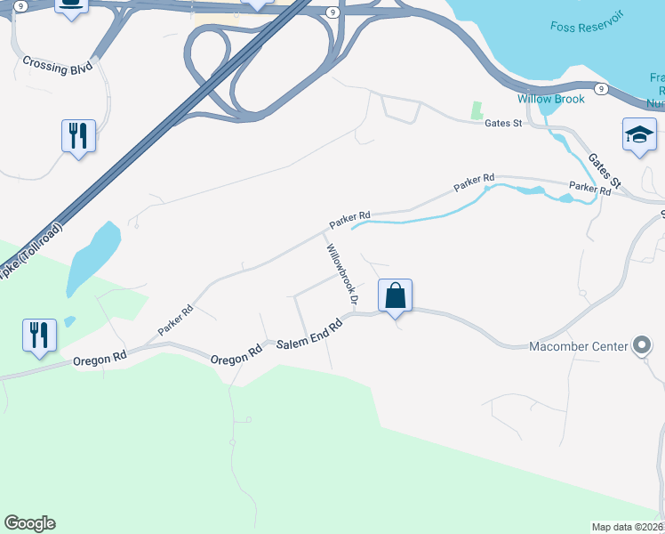 map of restaurants, bars, coffee shops, grocery stores, and more near 19 Willowbrook Drive in Framingham