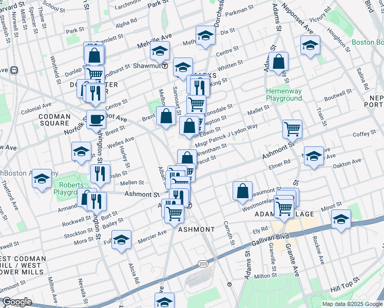 map of restaurants, bars, coffee shops, grocery stores, and more near 1847 Dorchester Avenue in Boston