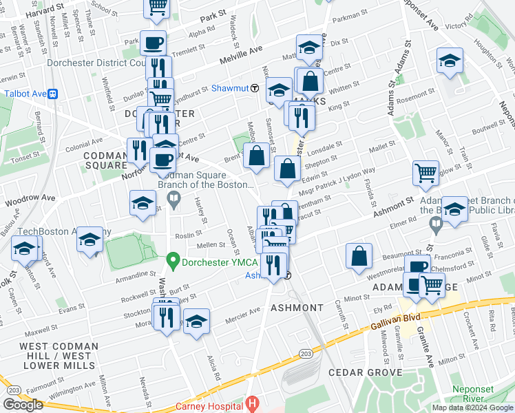 map of restaurants, bars, coffee shops, grocery stores, and more near 510 Talbot Avenue in Boston