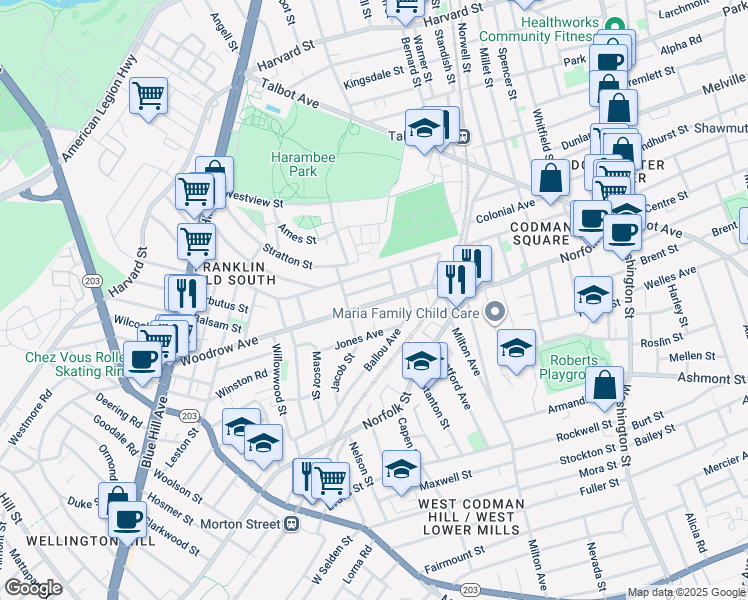map of restaurants, bars, coffee shops, grocery stores, and more near 83 Woodrow Avenue in Boston