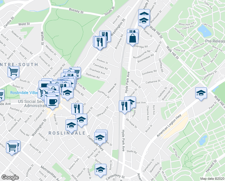 map of restaurants, bars, coffee shops, grocery stores, and more near 14 Harrison Street in Boston