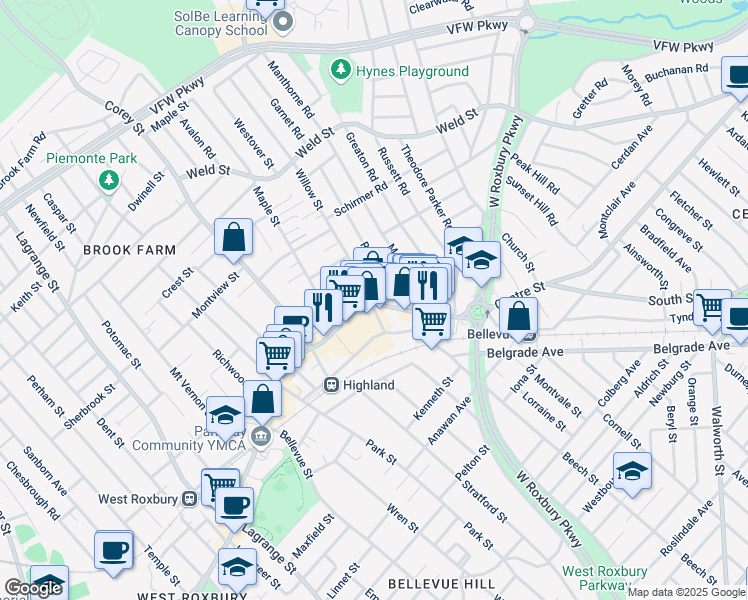 map of restaurants, bars, coffee shops, grocery stores, and more near 45/4 Willow Street in Boston