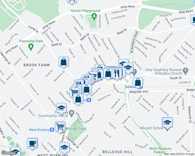 map of restaurants, bars, coffee shops, grocery stores, and more near 45/4 Willow Street in Boston