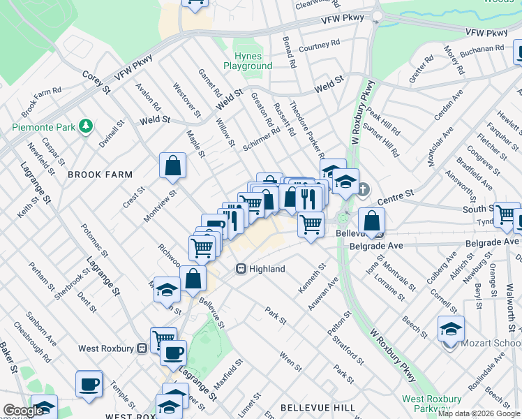 map of restaurants, bars, coffee shops, grocery stores, and more near 45/4 Willow Street in Boston