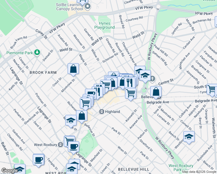 map of restaurants, bars, coffee shops, grocery stores, and more near 45/4 Willow Street in Boston