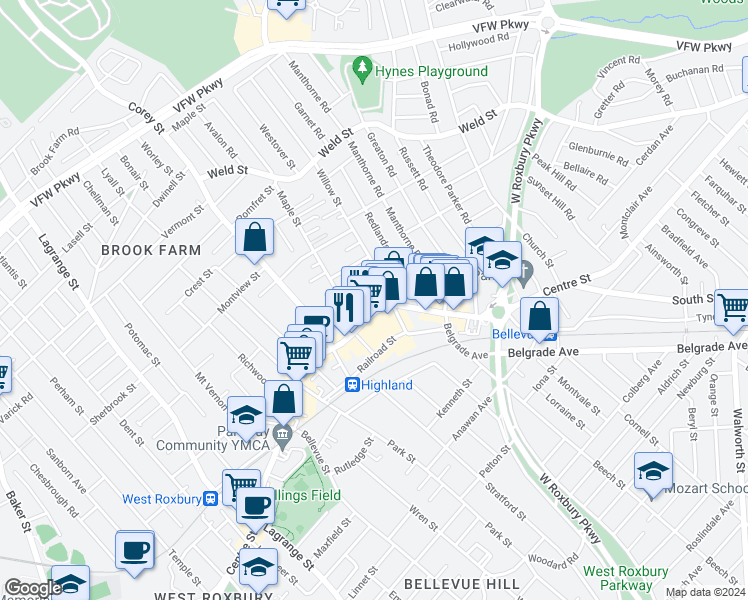 map of restaurants, bars, coffee shops, grocery stores, and more near 45/4 Willow Street in Boston