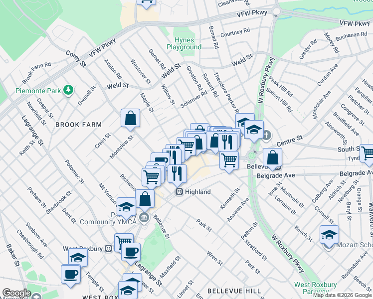 map of restaurants, bars, coffee shops, grocery stores, and more near 9 Maple Lane in Boston