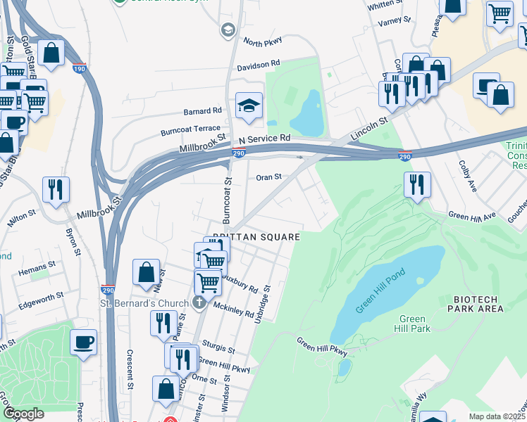 map of restaurants, bars, coffee shops, grocery stores, and more near 321 Massachusetts 70 in Worcester