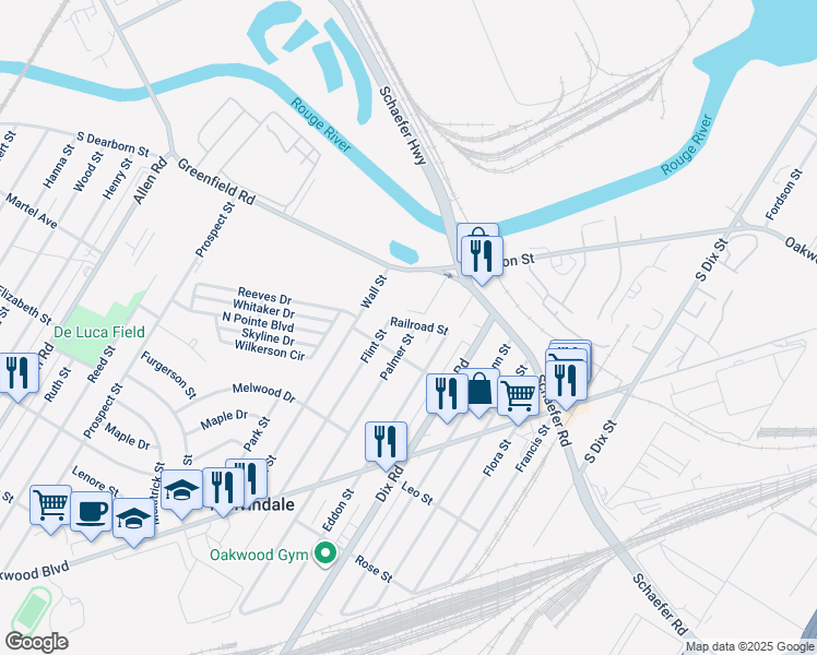 map of restaurants, bars, coffee shops, grocery stores, and more near 17107 Palmer Street in Melvindale