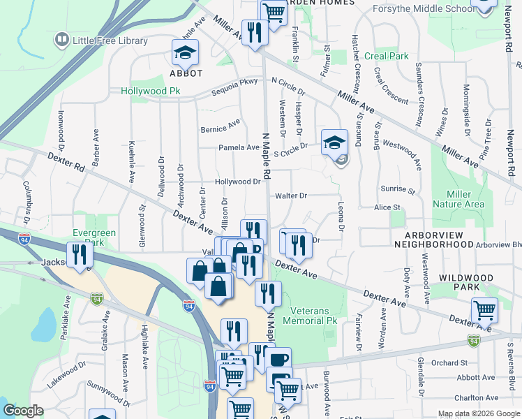 map of restaurants, bars, coffee shops, grocery stores, and more near 795 North Maple Road in Ann Arbor
