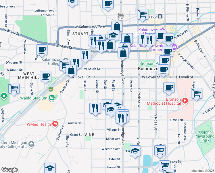 map of restaurants, bars, coffee shops, grocery stores, and more near 424 Pearl Street in Kalamazoo