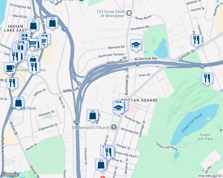 map of restaurants, bars, coffee shops, grocery stores, and more near 18 Melville Street in Worcester