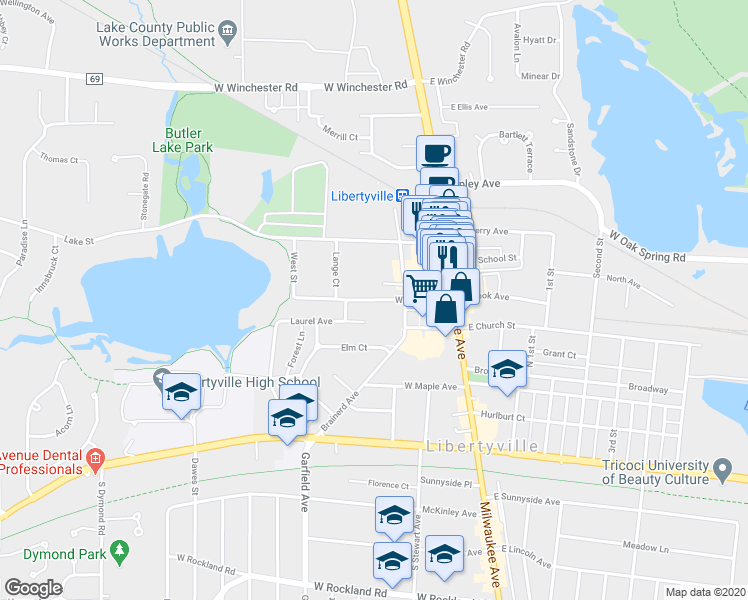 map of restaurants, bars, coffee shops, grocery stores, and more near West Cook Avenue in Libertyville