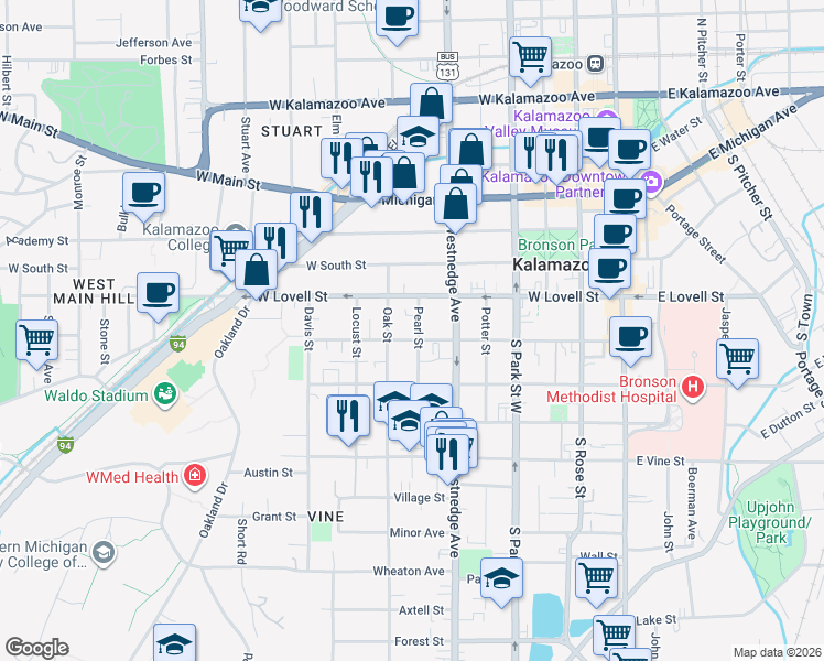 map of restaurants, bars, coffee shops, grocery stores, and more near 424 Pearl Street in Kalamazoo