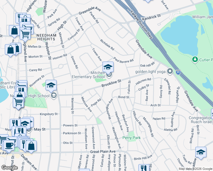 map of restaurants, bars, coffee shops, grocery stores, and more near 204 Brookline Street in Needham