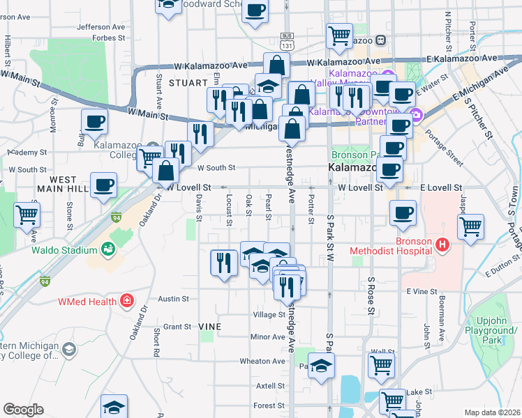 map of restaurants, bars, coffee shops, grocery stores, and more near 424 Pearl Street in Kalamazoo