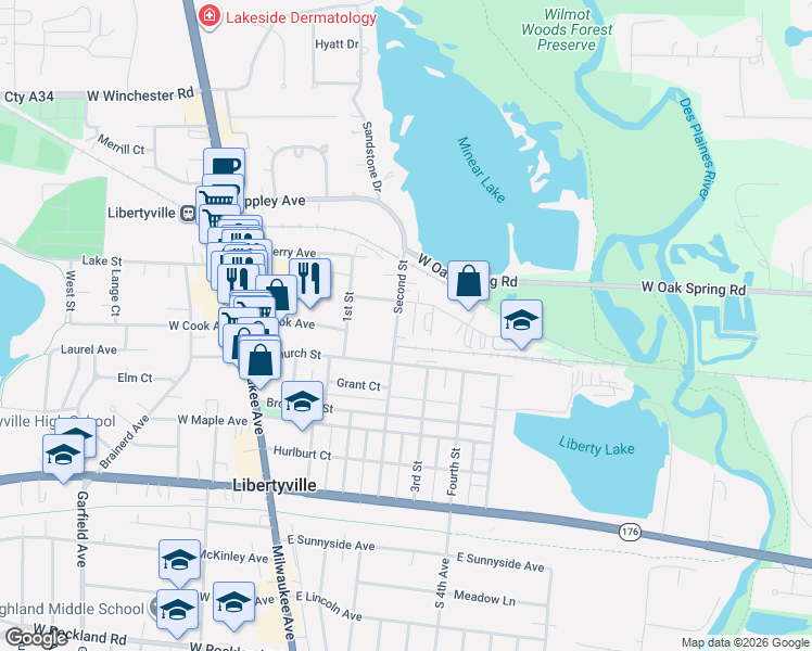 map of restaurants, bars, coffee shops, grocery stores, and more near 524 Second Street in Libertyville