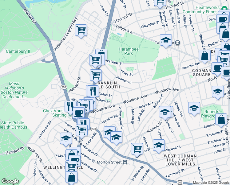 map of restaurants, bars, coffee shops, grocery stores, and more near 175 Callender Street in Boston