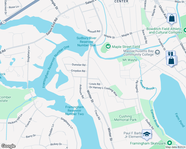 map of restaurants, bars, coffee shops, grocery stores, and more near 342 Winter Street in Framingham