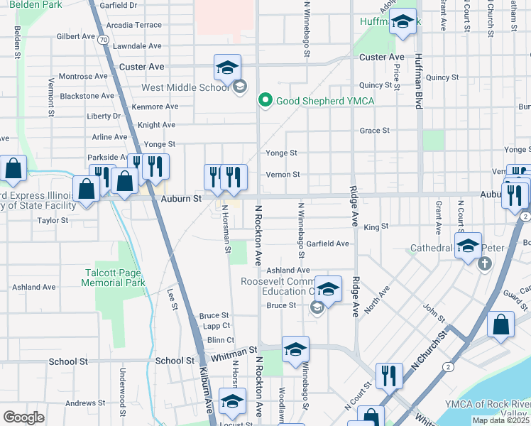 map of restaurants, bars, coffee shops, grocery stores, and more near 2424 Benderwirt Avenue in Rockford