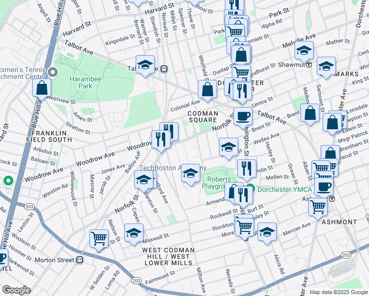map of restaurants, bars, coffee shops, grocery stores, and more near 9 Peacevale Road in Boston