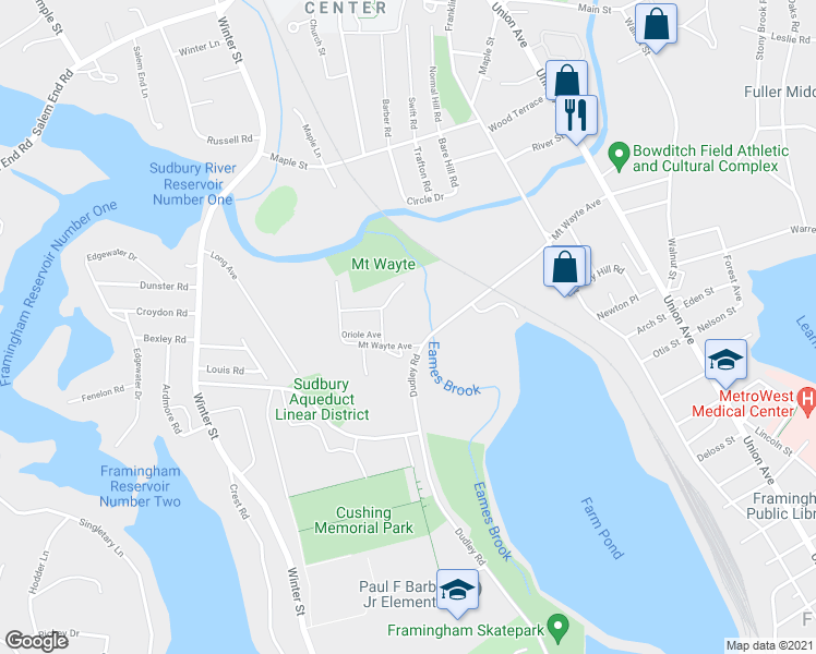 map of restaurants, bars, coffee shops, grocery stores, and more near 263 Mount Wayte Avenue in Framingham