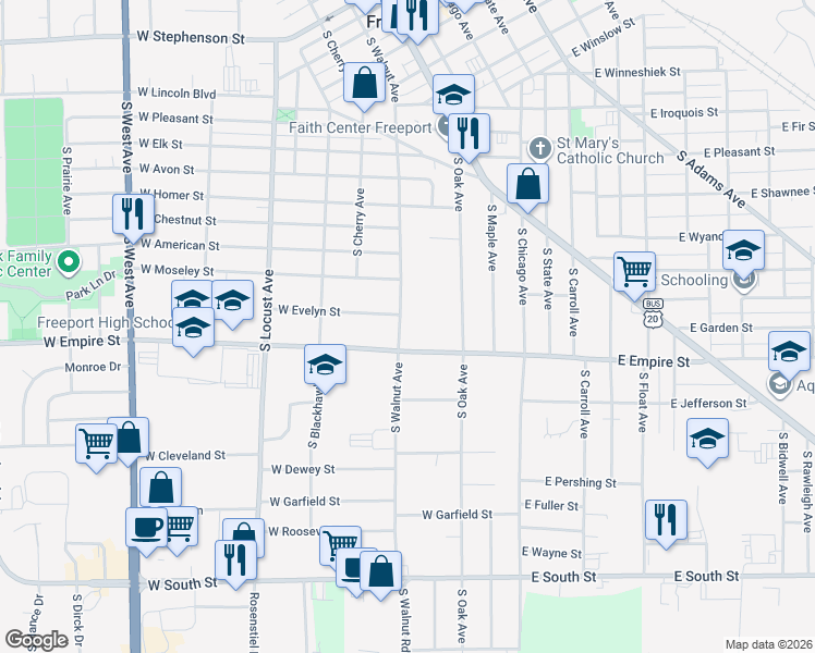 map of restaurants, bars, coffee shops, grocery stores, and more near 1231 South Walnut Avenue in Freeport