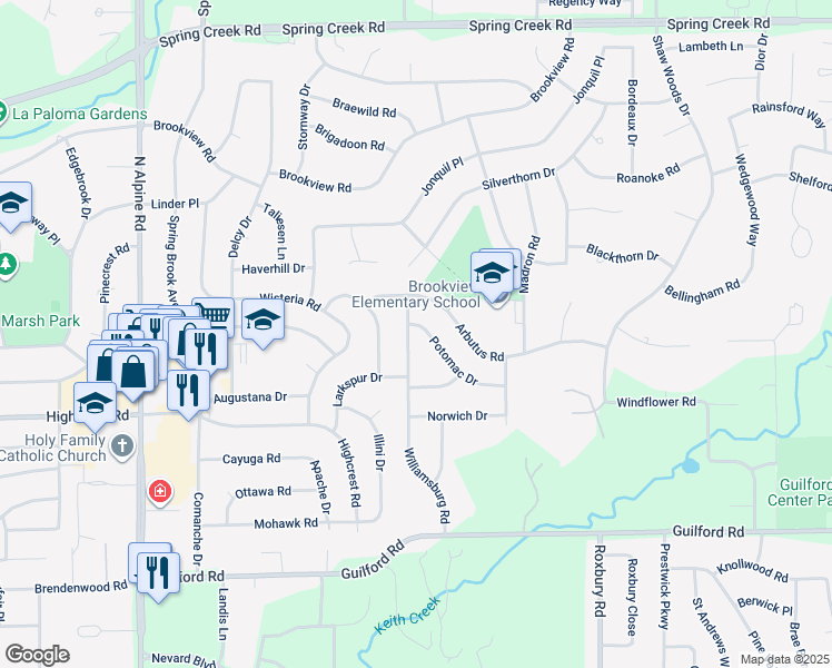 map of restaurants, bars, coffee shops, grocery stores, and more near 1685 Williamsburg Road in Rockford