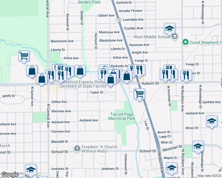 map of restaurants, bars, coffee shops, grocery stores, and more near 3216 Auburn Street in Rockford