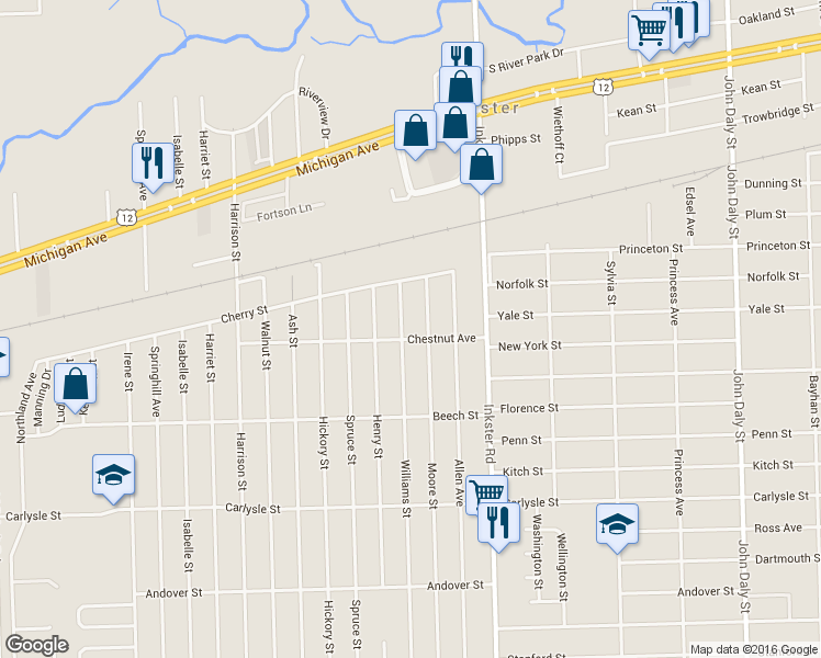 map of restaurants, bars, coffee shops, grocery stores, and more near 3111 Williams Street in Inkster