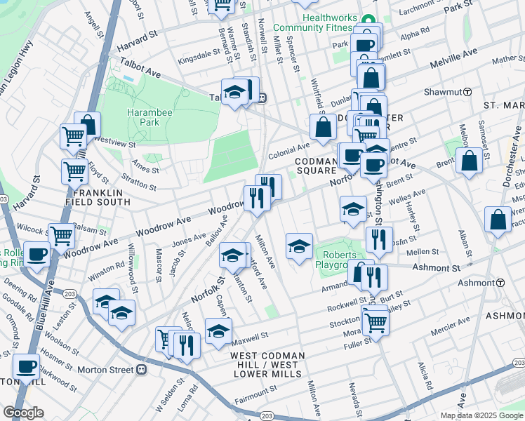 map of restaurants, bars, coffee shops, grocery stores, and more near 1-9 Milton Avenue in Boston