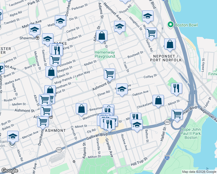 map of restaurants, bars, coffee shops, grocery stores, and more near 640 Adams Street in Boston