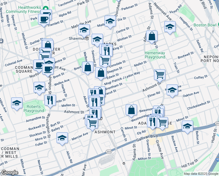 map of restaurants, bars, coffee shops, grocery stores, and more near 30 Wrentham Street in Boston
