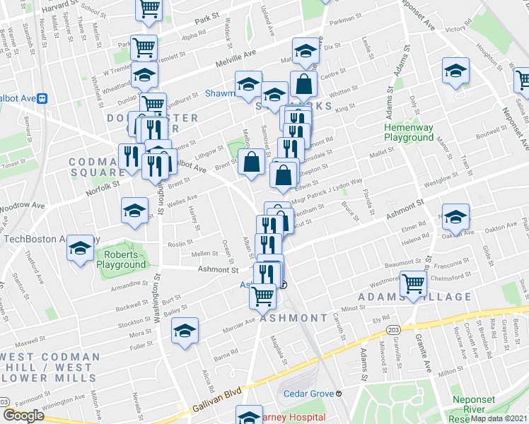 map of restaurants, bars, coffee shops, grocery stores, and more near 510 Talbot Avenue in Boston
