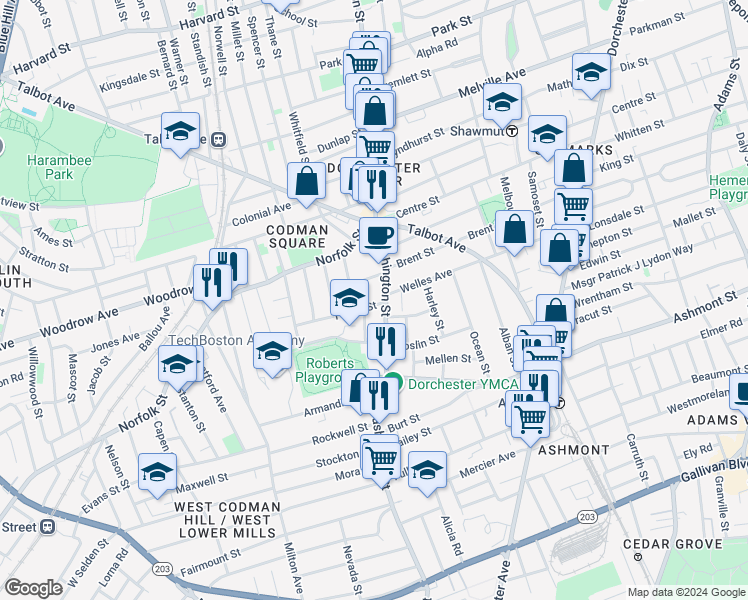 map of restaurants, bars, coffee shops, grocery stores, and more near 675-677A Washington Street in Boston