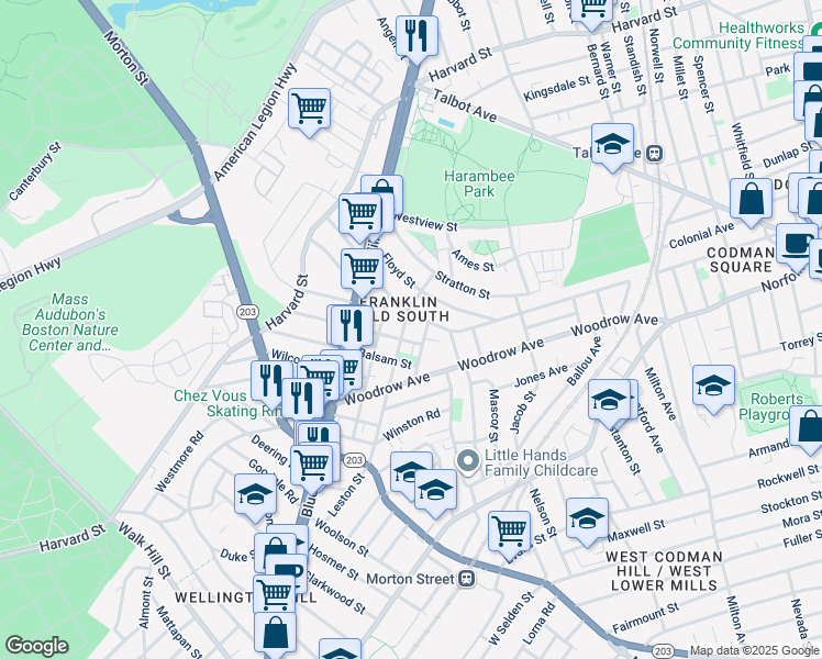 map of restaurants, bars, coffee shops, grocery stores, and more near 36 Lucerne Street in Boston