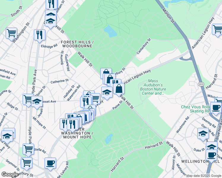 map of restaurants, bars, coffee shops, grocery stores, and more near 289 Walk Hill Street in Boston