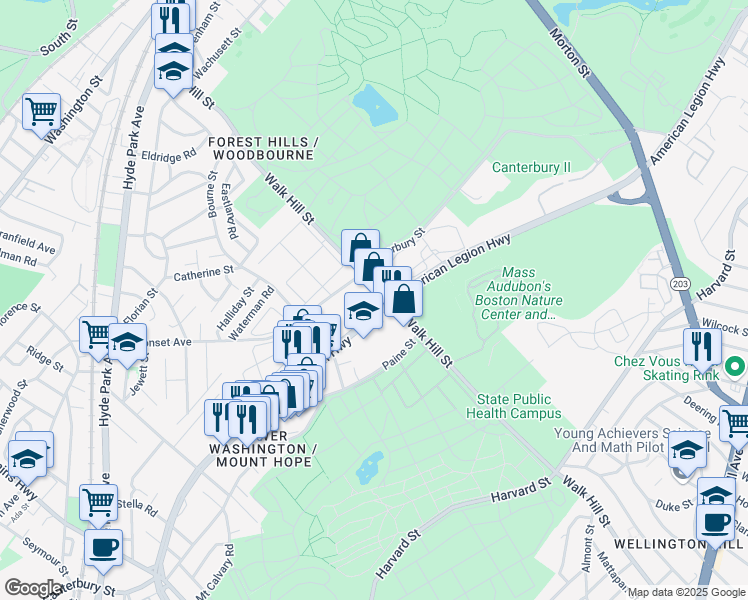 map of restaurants, bars, coffee shops, grocery stores, and more near 289 Walk Hill Street in Boston
