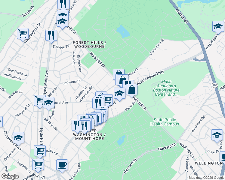 map of restaurants, bars, coffee shops, grocery stores, and more near 594 Canterbury Street in Boston