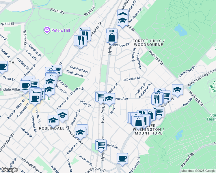 map of restaurants, bars, coffee shops, grocery stores, and more near 374 Hyde Park Avenue in Boston