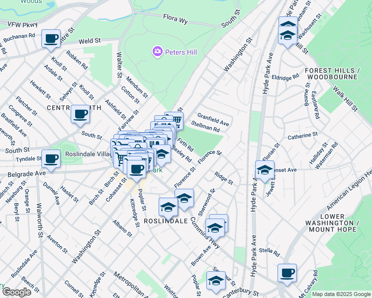 map of restaurants, bars, coffee shops, grocery stores, and more near 12 Bexley Road in Boston