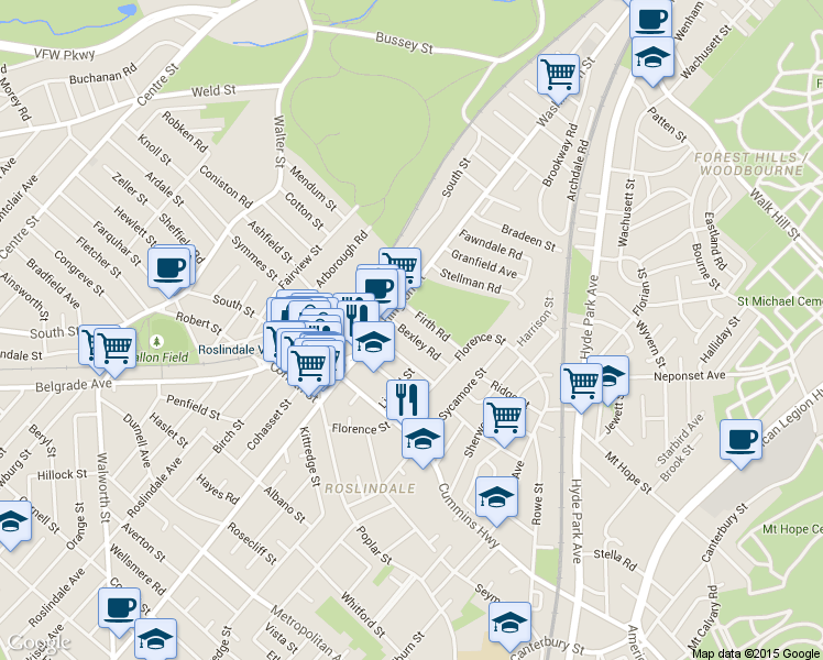 map of restaurants, bars, coffee shops, grocery stores, and more near 12 Bexley Road in Boston