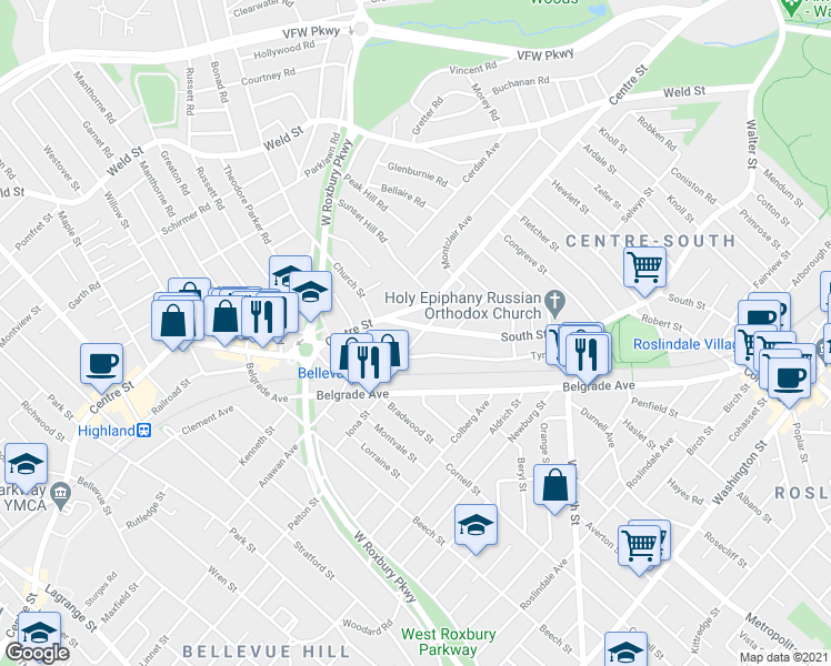 map of restaurants, bars, coffee shops, grocery stores, and more near 1073 South Street in Boston