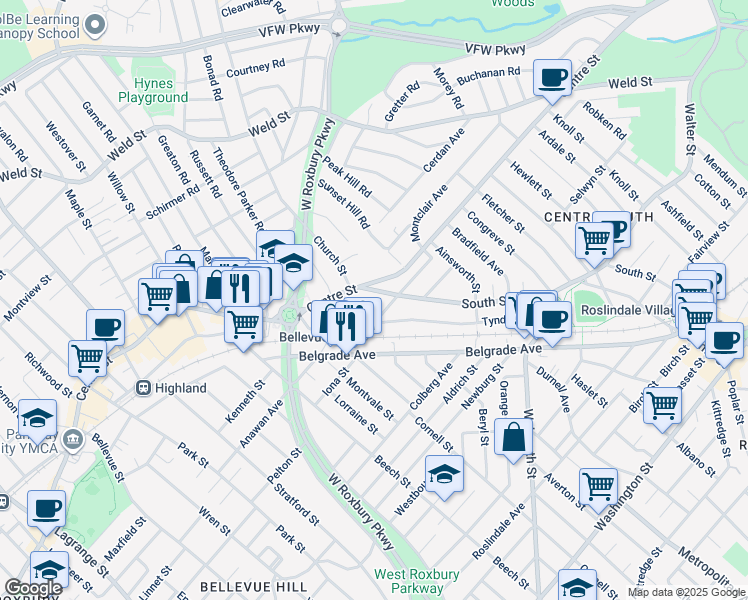 map of restaurants, bars, coffee shops, grocery stores, and more near 1073 South Street in Boston