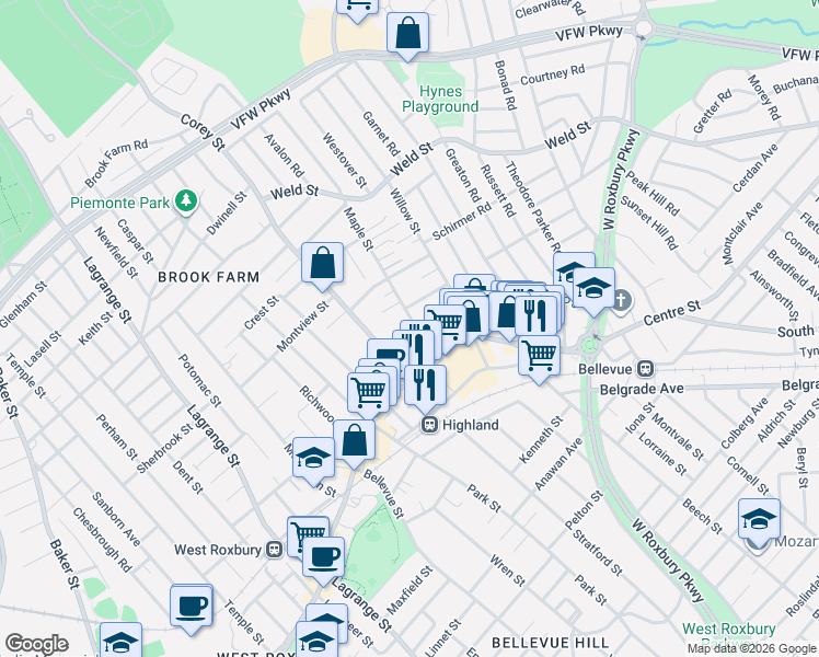 map of restaurants, bars, coffee shops, grocery stores, and more near 10 Chester Place in Boston