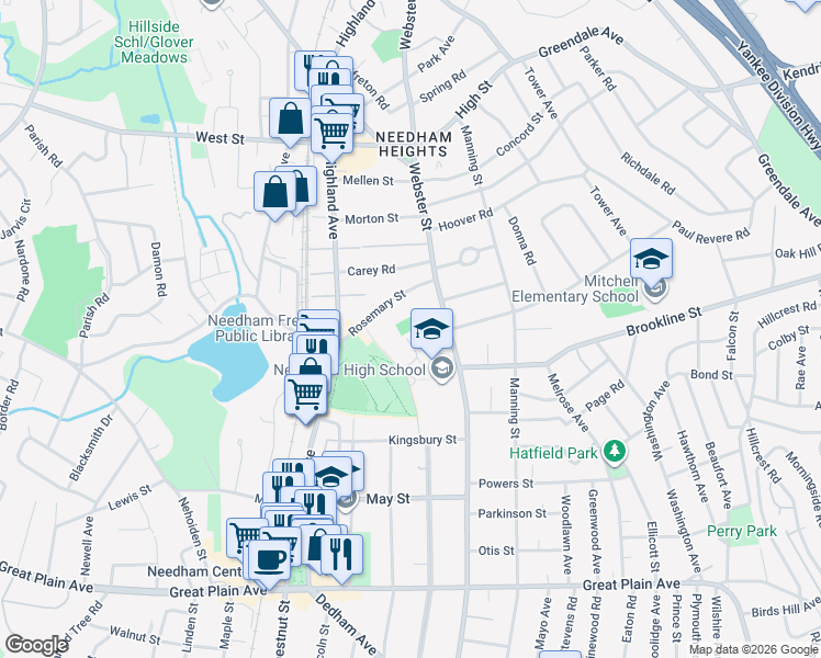 map of restaurants, bars, coffee shops, grocery stores, and more near 36 Rosemary Street in Needham